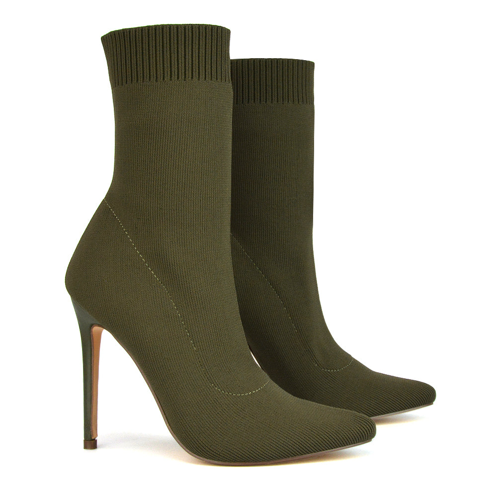 Rue Pointed Toe Knitted Stiletto High Heeled Sock Fit Ankle Boots in Khaki
