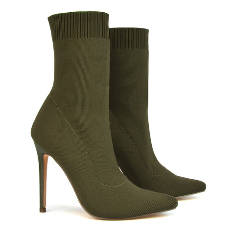 Rue Pointed Toe Knitted Stiletto High Heeled Sock Fit Ankle Boots in Nude