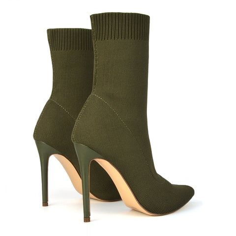 Rue Pointed Toe Knitted Stiletto High Heeled Sock Fit Ankle Boots in Black