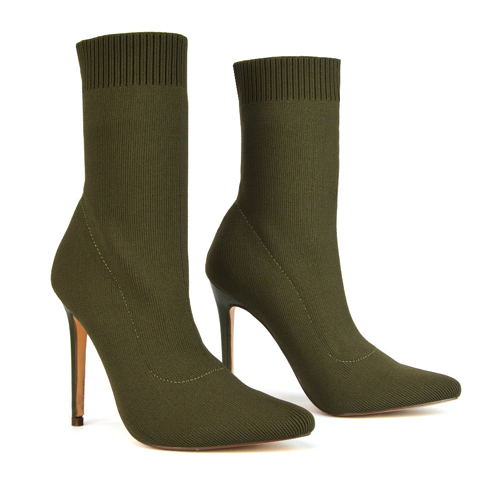 Rue Pointed Toe Knitted Stiletto High Heeled Sock Fit Ankle Boots in Khaki