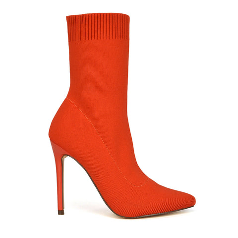 Rue Pointed Toe Knitted Stiletto High Heeled Sock Fit Ankle Boots in Red