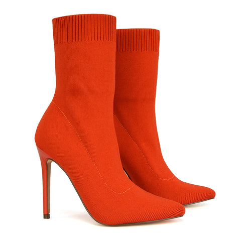 Rue Pointed Toe Knitted Stiletto High Heeled Sock Fit Ankle Boots in Red