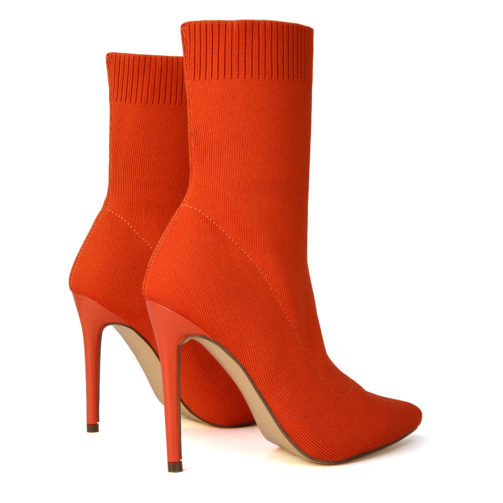 Rue Pointed Toe Knitted Stiletto High Heeled Sock Fit Ankle Boots in Red