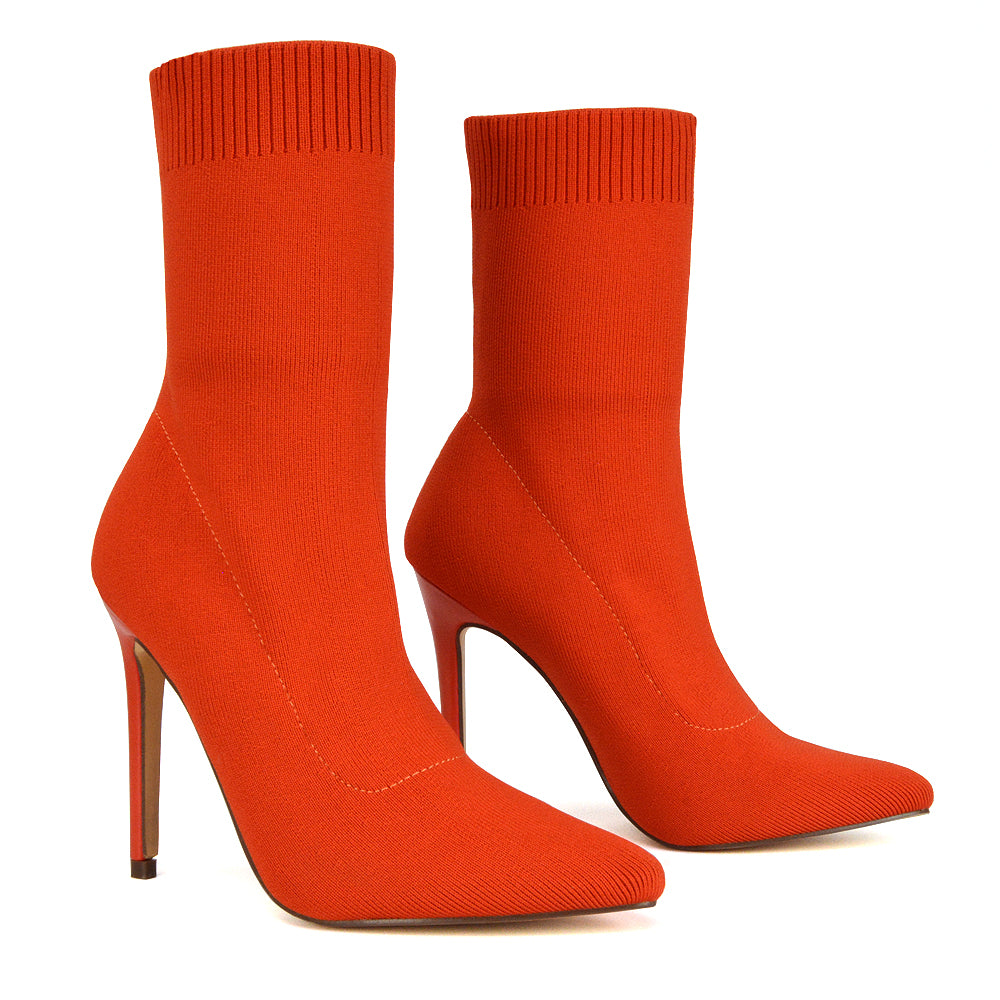 Rue Pointed Toe Knitted Stiletto High Heeled Sock Fit Ankle Boots in Red