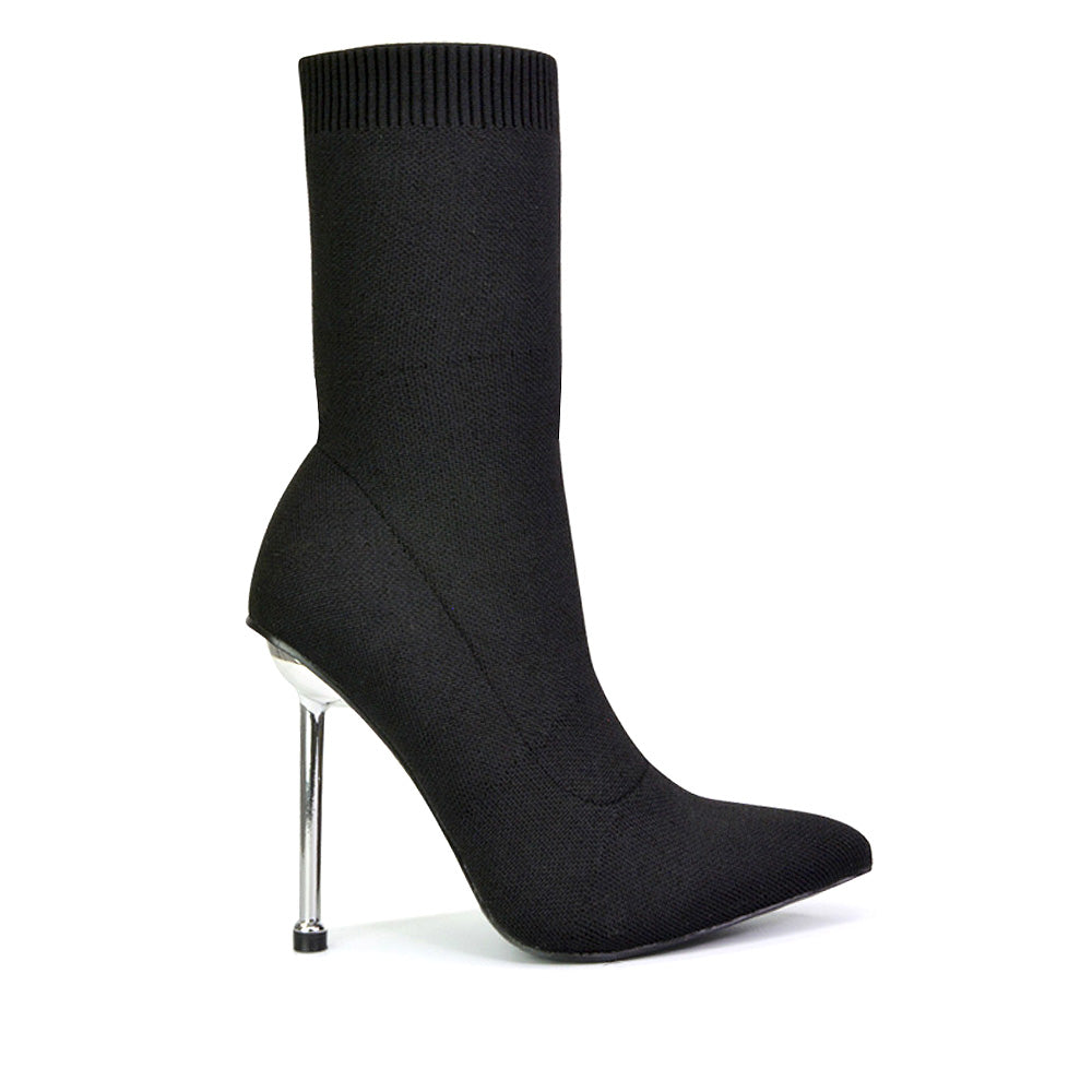 Raya Metallic Stiletto High Heel Knitted Ribbed Sock Ankle Boots Heels in Black