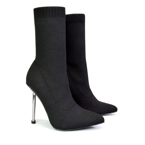 Raya Metallic Stiletto High Heel Knitted Ribbed Sock Ankle Boots Heels in Black