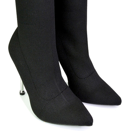 Raya Metallic Stiletto High Heel Knitted Ribbed Sock Ankle Boots Heels in Black