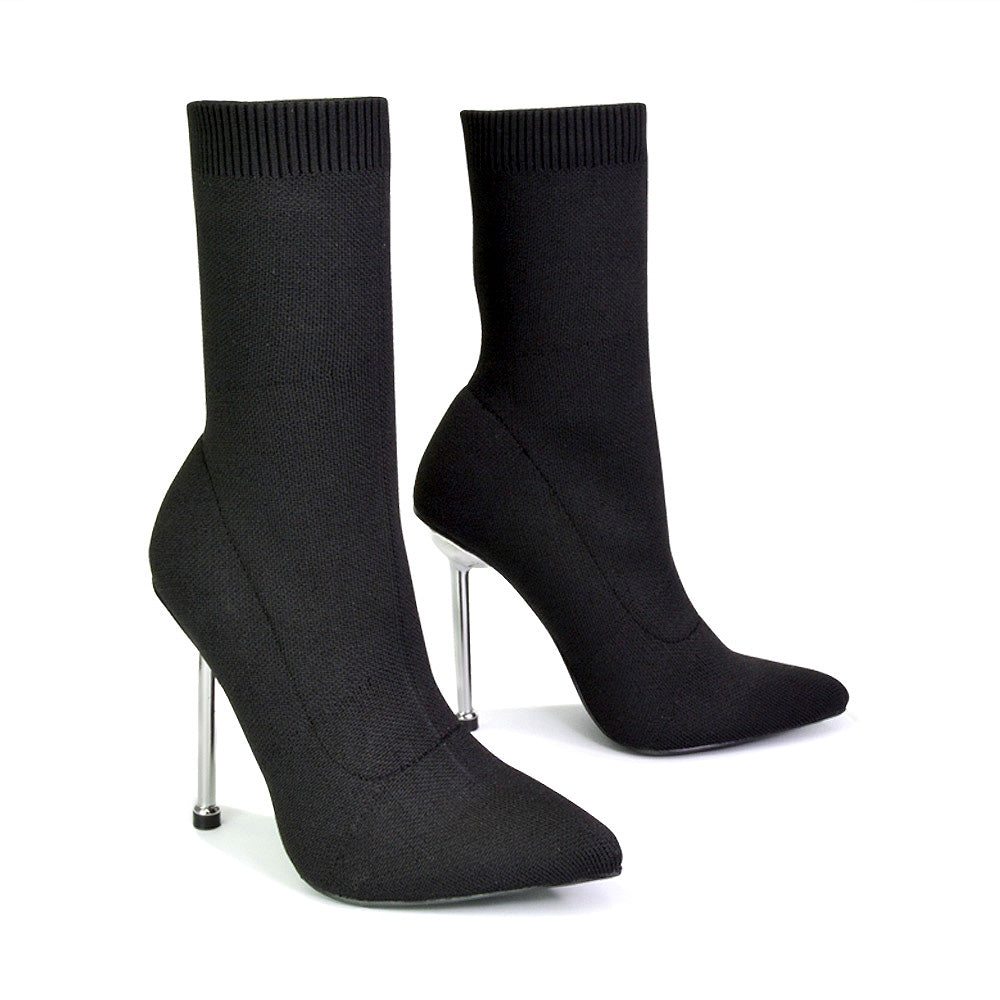 Raya Metallic Stiletto High Heel Knitted Ribbed Sock Ankle Boots Heels in Black