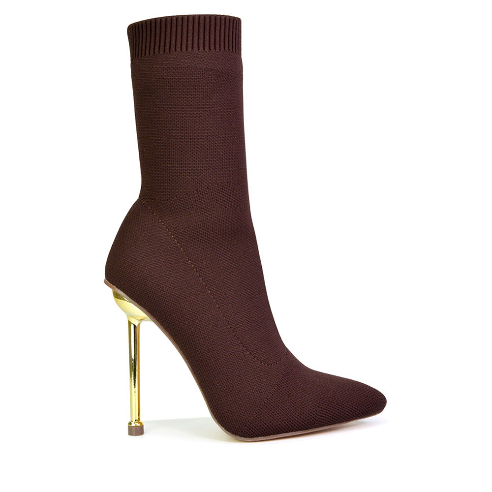 Raya Metallic Stiletto High Heel Knitted Ribbed Sock Ankle Boots Heels in Brown