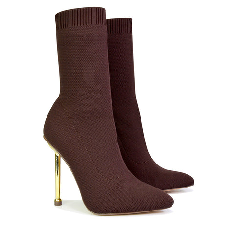 Raya Metallic Stiletto High Heel Knitted Ribbed Sock Ankle Boots Heels in Brown