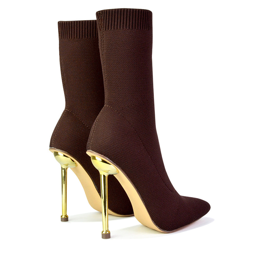 Raya Metallic Stiletto High Heel Knitted Ribbed Sock Ankle Boots Heels in Brown