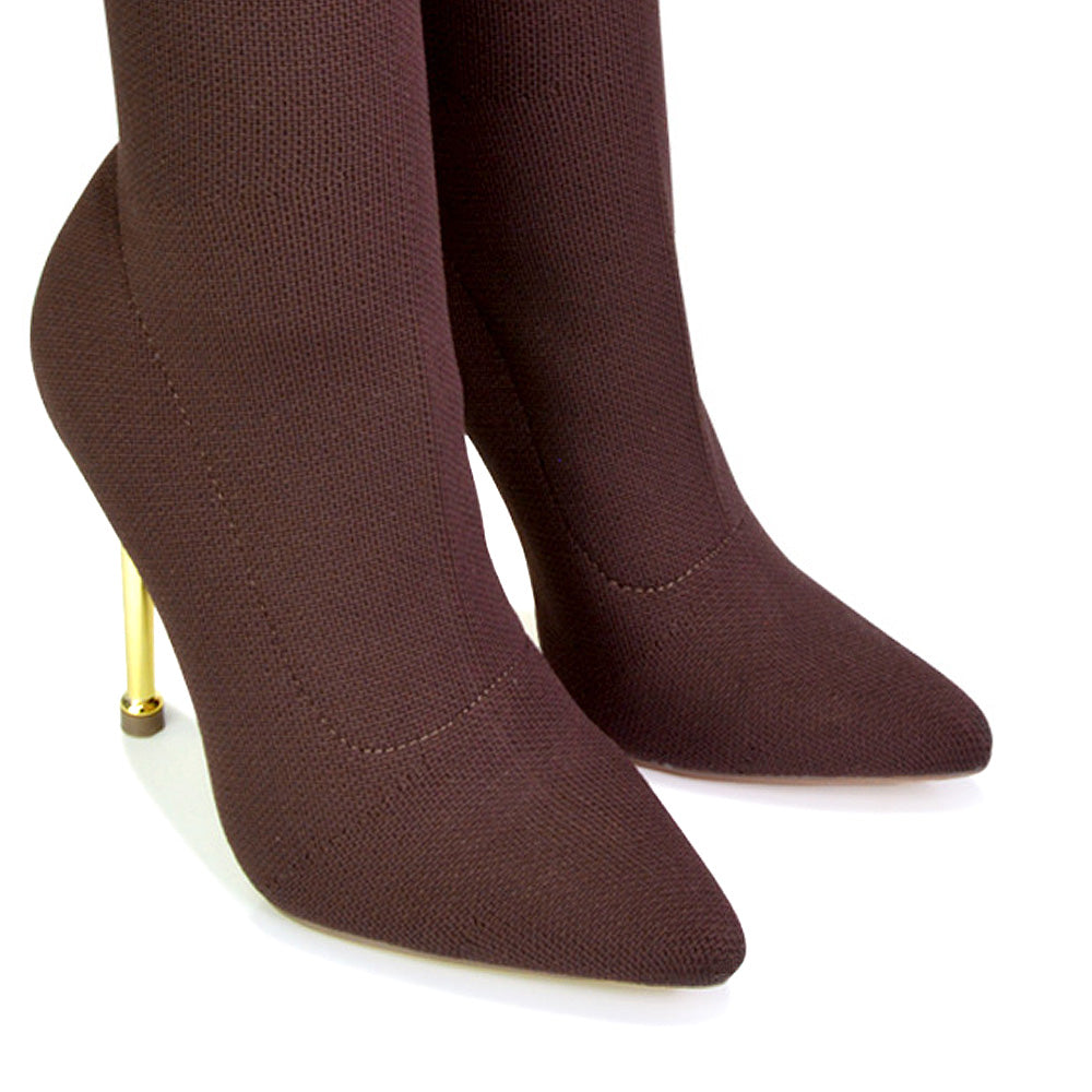 Raya Metallic Stiletto High Heel Knitted Ribbed Sock Ankle Boots Heels in Brown