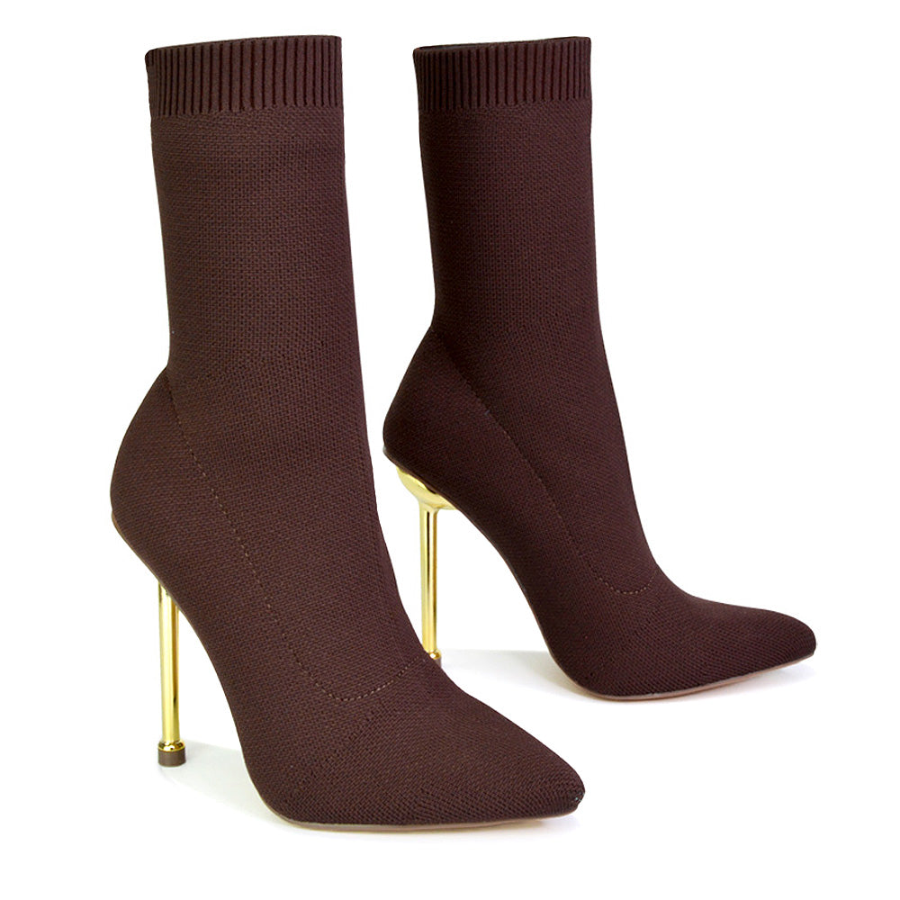 Raya Metallic Stiletto High Heel Knitted Ribbed Sock Ankle Boots Heels in Brown