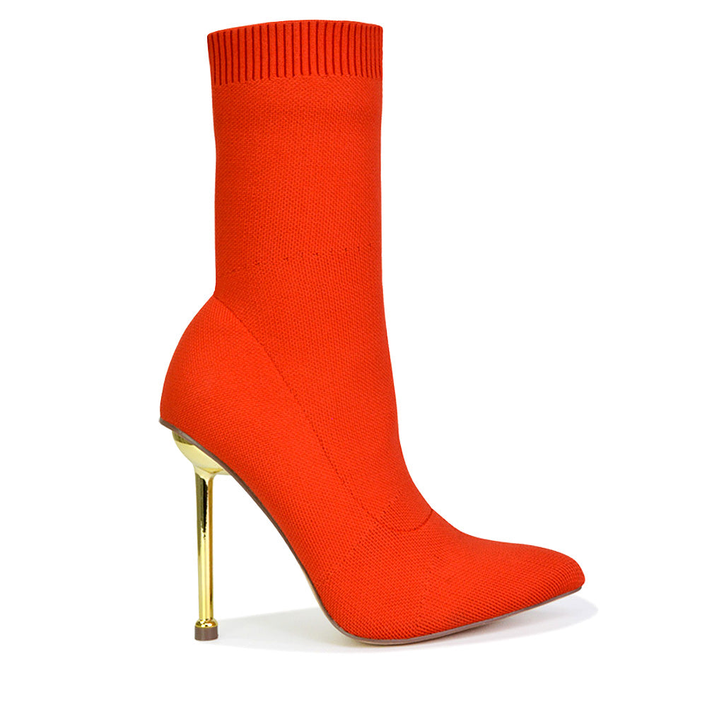 Raya Metallic Stiletto High Heel Knitted Ribbed Sock Ankle Boots Heels in Red