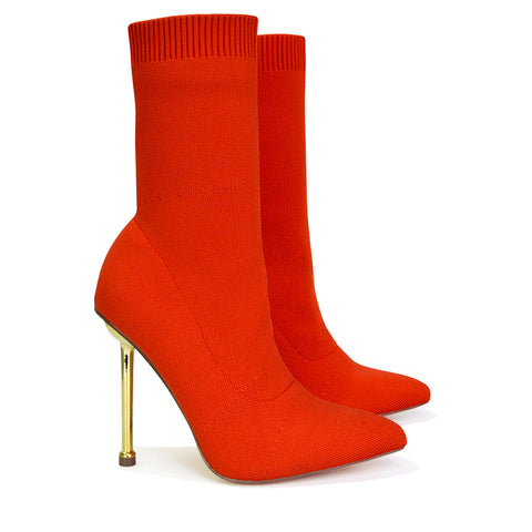 Raya Metallic Stiletto High Heel Knitted Ribbed Sock Ankle Boots Heels in Red