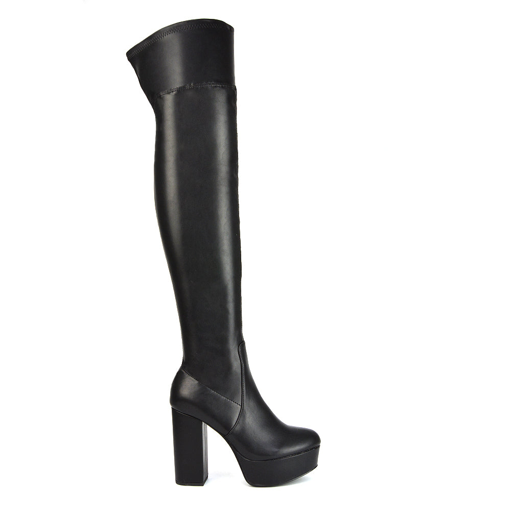 Beverly Block High Heel Over the Knee Thigh High Statement Platform Boots in Pink Synthetic Leather