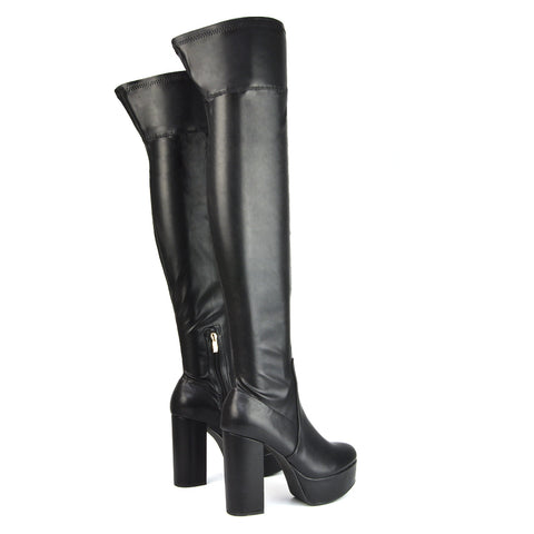 Beverly Block High Heel Over the Knee Thigh High Statement Platform Boots in Pink Synthetic Leather