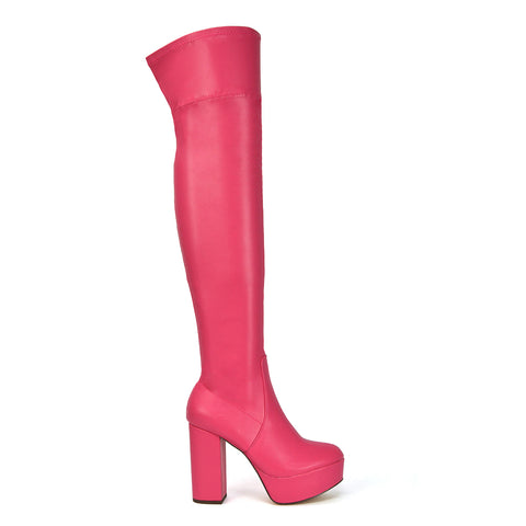 Beverly Block High Heel Over the Knee Thigh High Statement Platform Boots in Pink Synthetic Leather