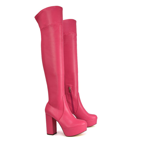 Beverly Block High Heel Over the Knee Thigh High Statement Platform Boots in Pink Synthetic Leather