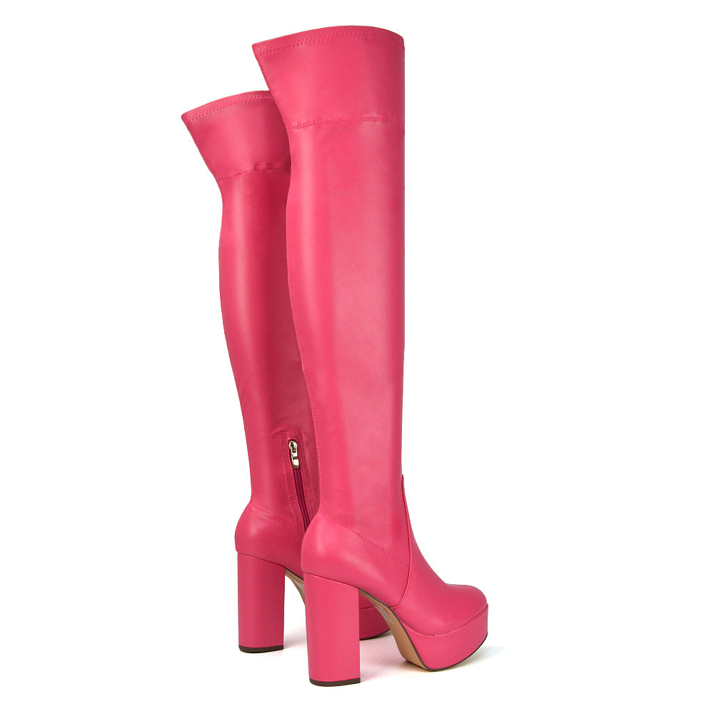 Beverly Block High Heel Over the Knee Thigh High Statement Platform Boots in Pink Synthetic Leather