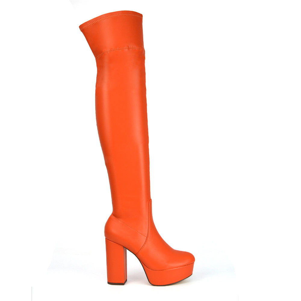 Beverly Block High Heel Over the Knee Thigh High Statement Platform Boots in Orange Synthetic Leather