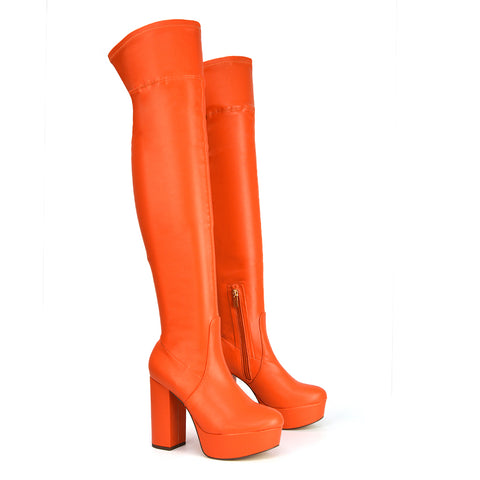 Beverly Block High Heel Over the Knee Thigh High Statement Platform Boots in Pink Synthetic Leather