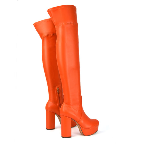 Beverly Block High Heel Over the Knee Thigh High Statement Platform Boots in Orange Synthetic Leather