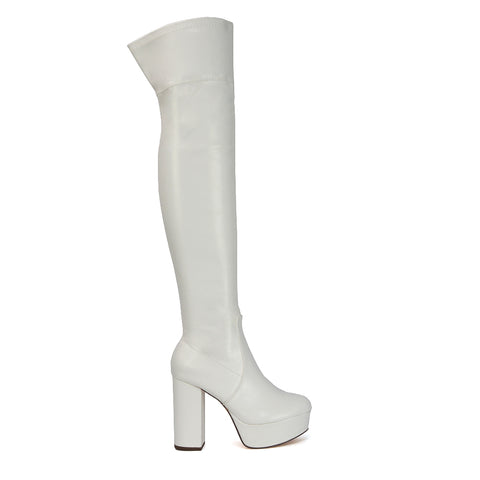 Beverly Block High Heel Over the Knee Thigh High Statement Platform Boots in Pink Synthetic Leather