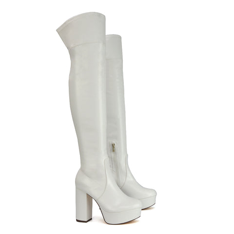 Beverly Block High Heel Over the Knee Thigh High Statement Platform Boots in Pink Synthetic Leather