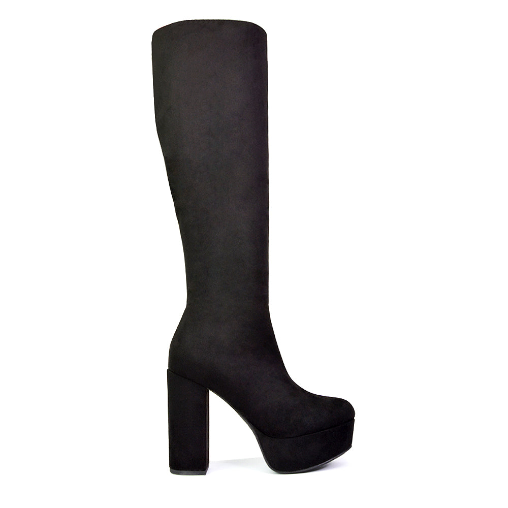 Nash Platform Knee High Boots With Chunky Block High Heel In White Synethetic Leather