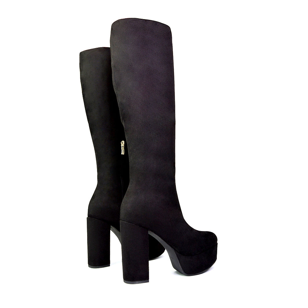 Nash Platform Knee High Boots With Chunky Block High Heel In Black Faux Suede