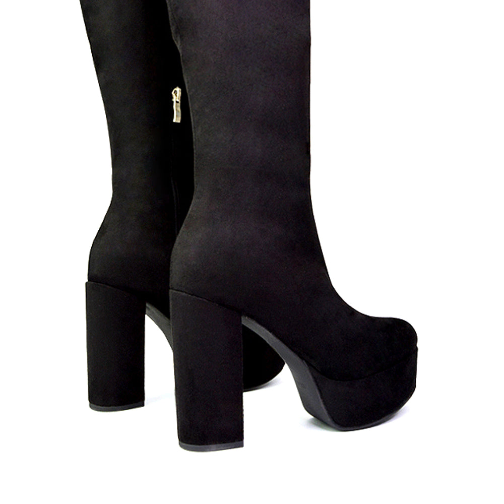 Nash Platform Knee High Boots With Chunky Block High Heel In Black Synethetic Leather