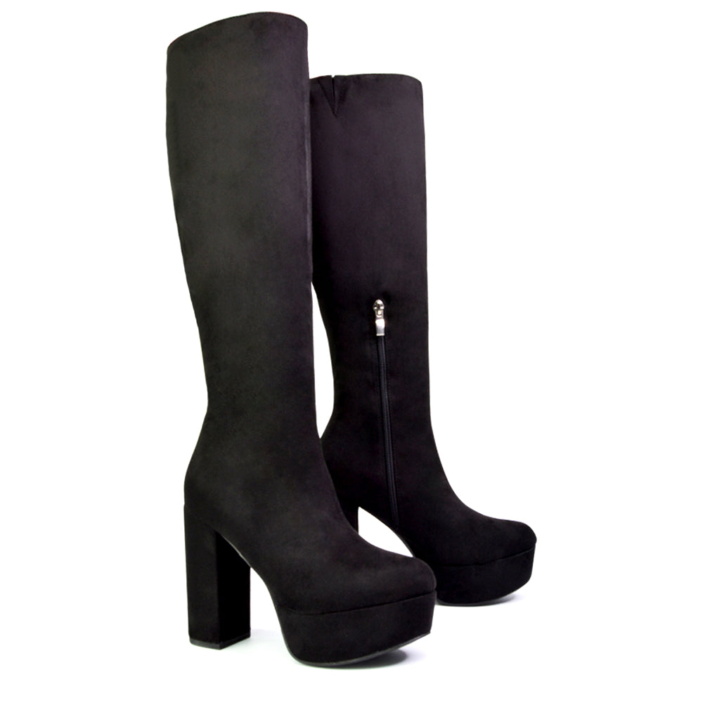 Nash Platform Knee High Boots With Chunky Block High Heel In Black Synethetic Leather