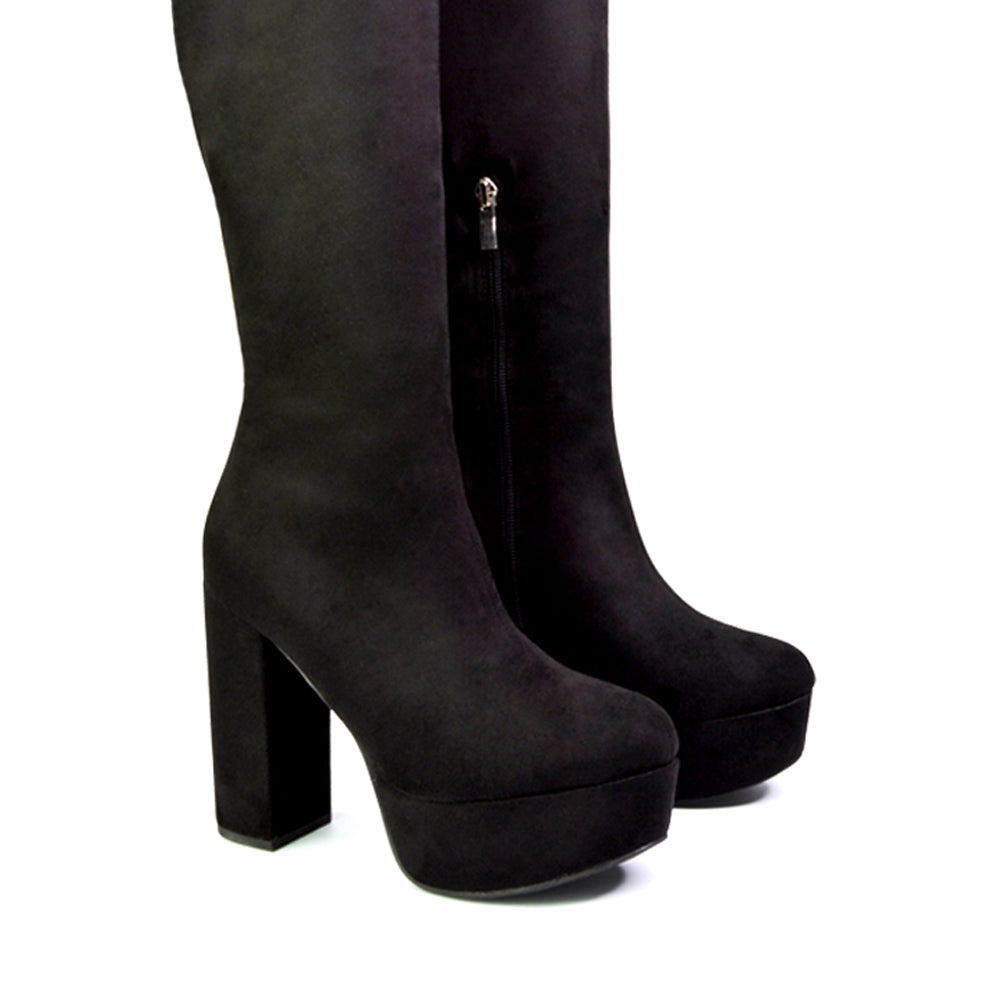 Nash Platform Knee High Boots With Chunky Block High Heel In Black Synethetic Leather