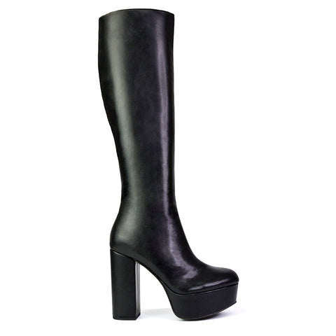 Nash Platform Knee High Boots With Chunky Block High Heel In White Synethetic Leather