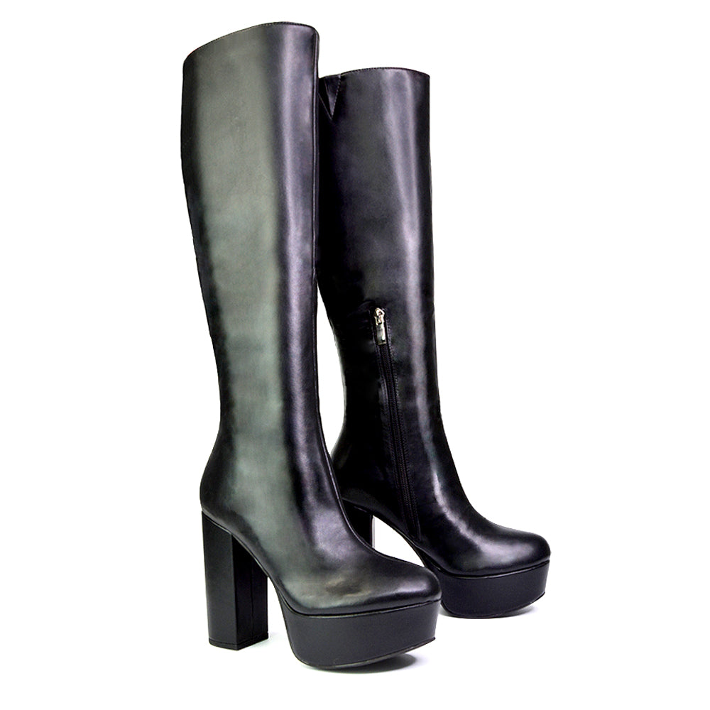 Nash Platform Knee High Boots With Chunky Block High Heel In Black Synethetic Leather