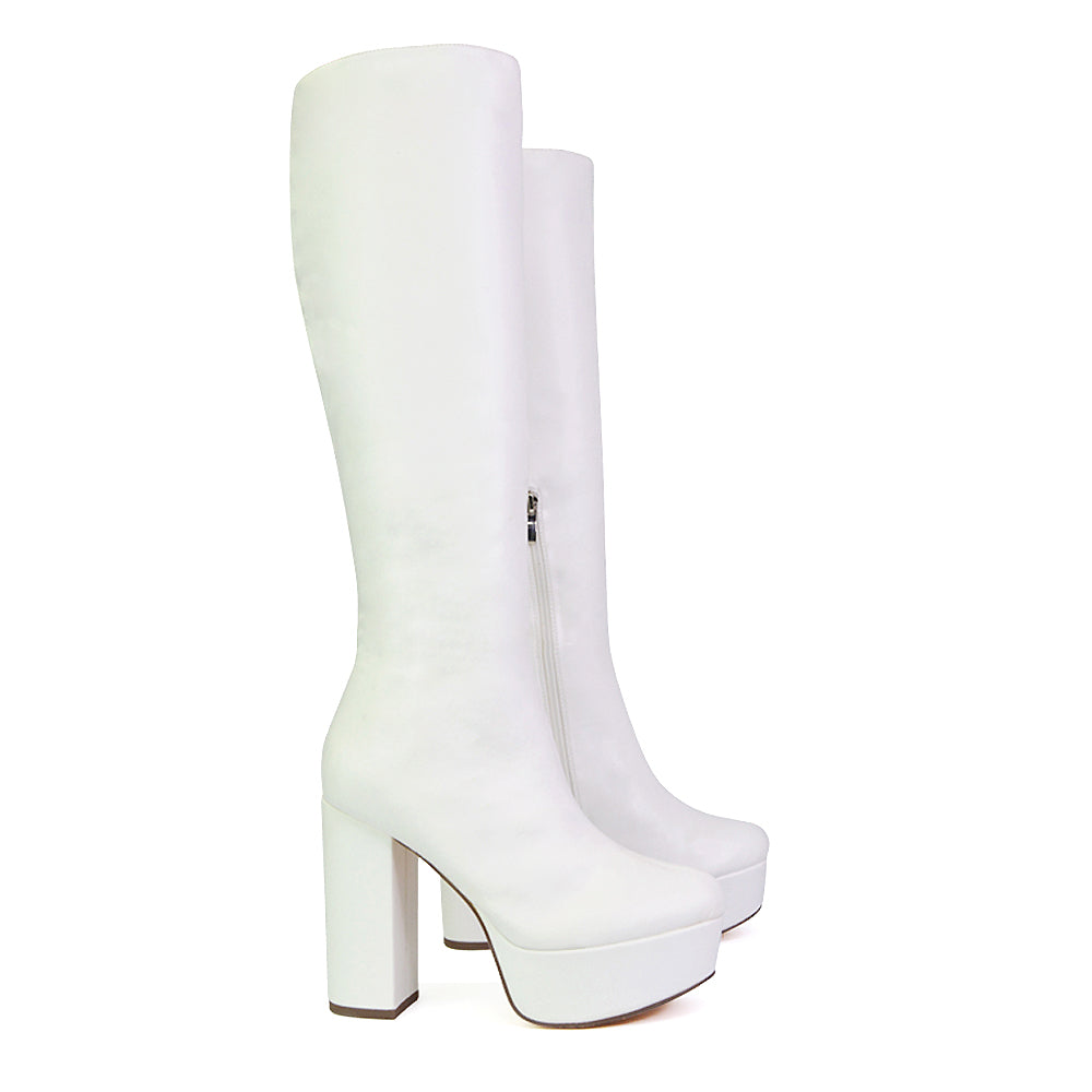 Nash Platform Knee High Boots With Chunky Block High Heel In White Synethetic Leather