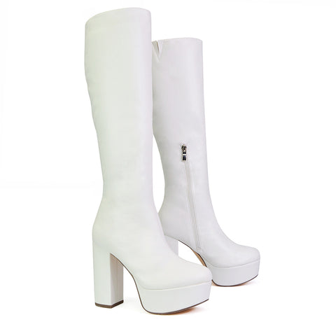 Nash Platform Knee High Boots With Chunky Block High Heel In White Synethetic Leather