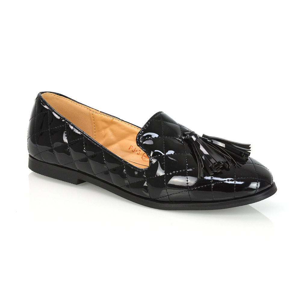 Halanna Quilted Design Tassel Detail Slip on Smart Flat Loafers in Black Synthetic Leather