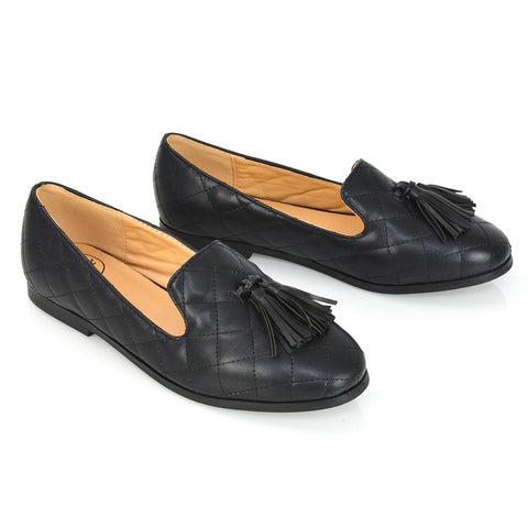 Halanna Quilted Design Tassel Detail Slip on Smart Flat Loafers in Black Synthetic Leather