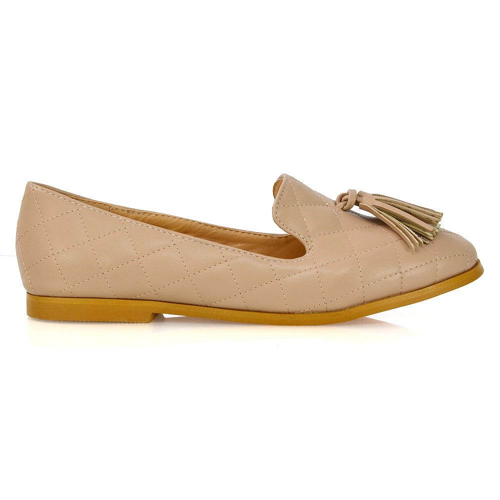 Halanna Quilted Design Tassel Detail Slip on Smart Flat Loafers in Nude Synthetic Leather