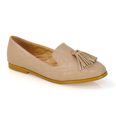 Halanna Quilted Design Tassel Detail Slip on Smart Flat Loafers in Nude Synthetic Leather