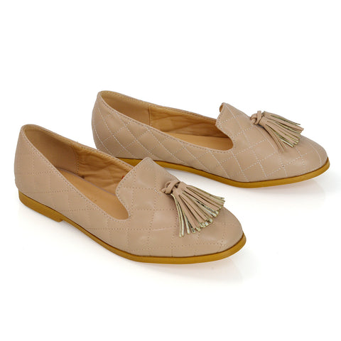 Halanna Quilted Design Tassel Detail Slip on Smart Flat Loafers in Nude Synthetic Leather