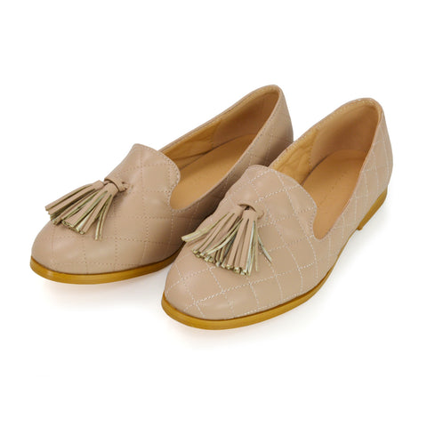 Halanna Quilted Design Tassel Detail Slip on Smart Flat Loafers in Nude Synthetic Leather