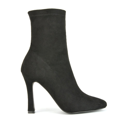 Paula Pointed Toe Zip-Up Stiletto Ankle Sock Boot Heels in Black Faux Suede