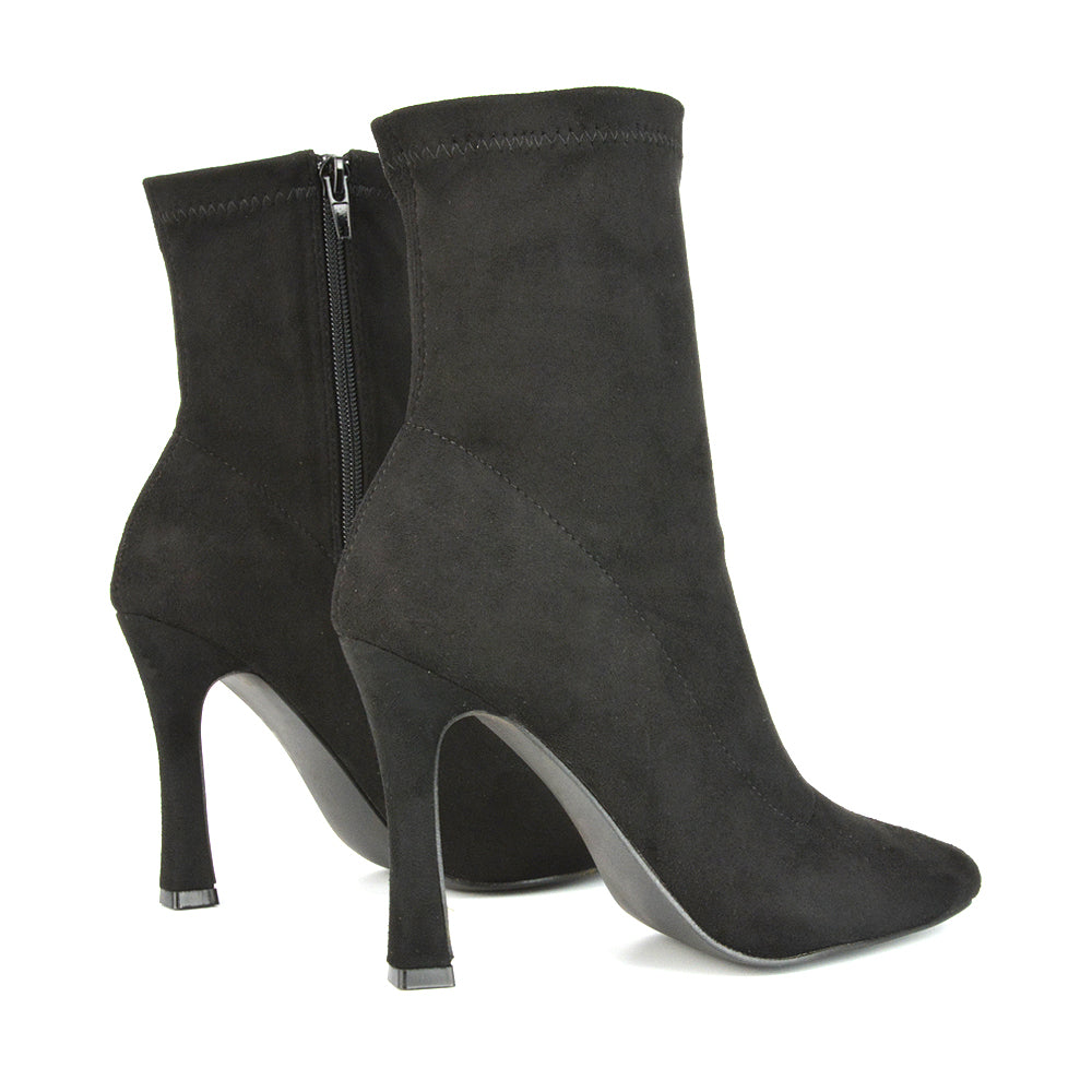 Paula Pointed Toe Zip-Up Stiletto Ankle Sock Boot Heels in Black Faux Suede