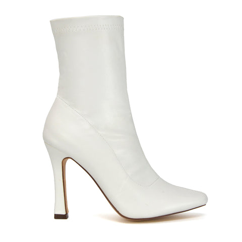 Paula Pointed Toe Zip-Up Stiletto Ankle Sock Boot Heels in White Faux Suede