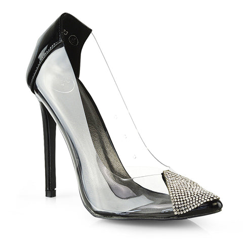 Kaz Diamante Detail Pointed Toe Perspex Stiletto Court Heel Sandals in Silver