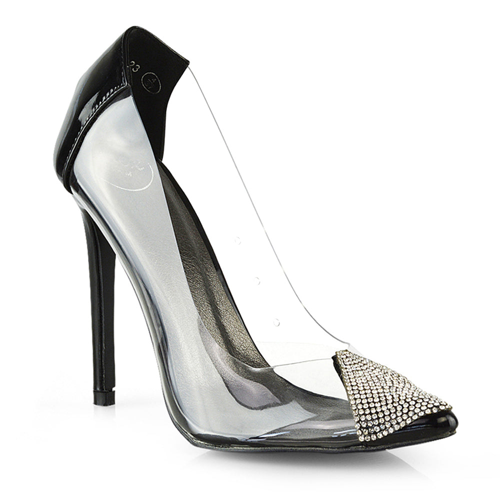 Kaz Diamante Detail Pointed Toe Perspex Stiletto Court Heel Sandals in Black