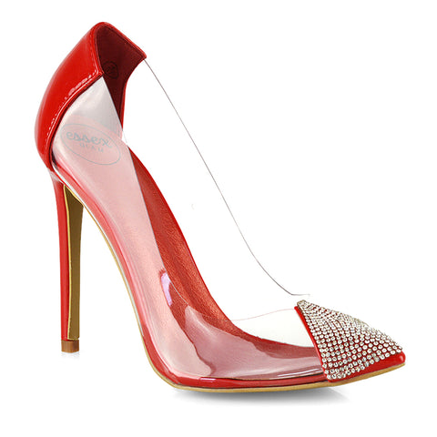 Kaz Diamante Detail Pointed Toe Perspex Stiletto Court Heel Sandals in Red